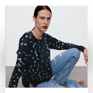 Zara Abstract Brushstroke Knit Sweater Black Blue Size L